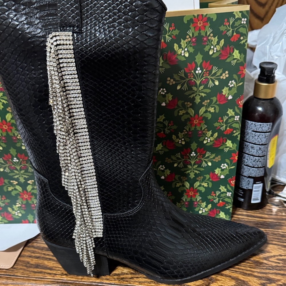 Brand New Black Snakeskin Cowboy Boots with Rhinestone Fringe